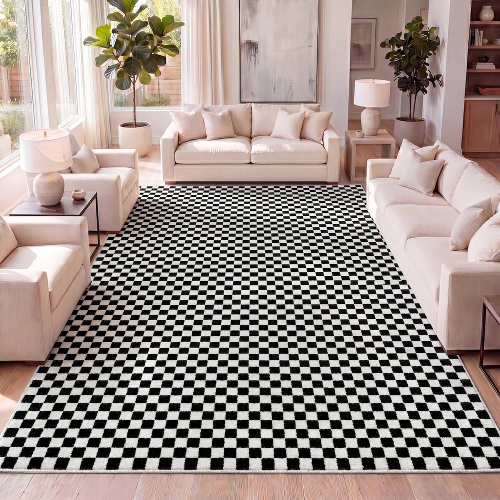 Finn High-Low Modern Minimalist Checkered Monotone Black/White Area Rug. Picture 6