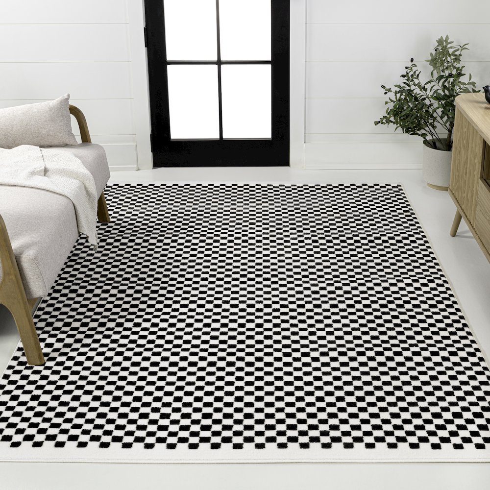 Finn High-Low Modern Minimalist Checkered Monotone Black/White Area Rug. Picture 2