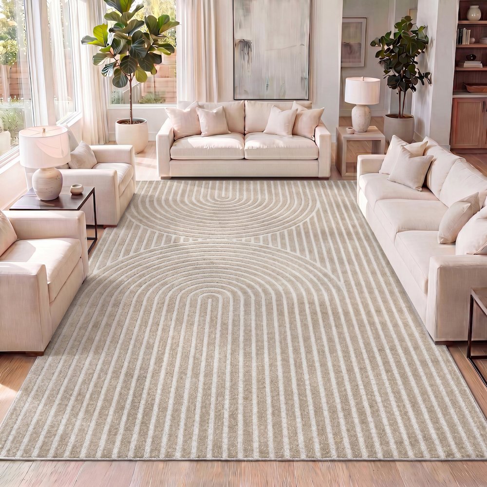 Sofia High-Low MidCentury Modern Arch Stripe Two-Tone Indoor/Outdoor Area Rug. Picture 7