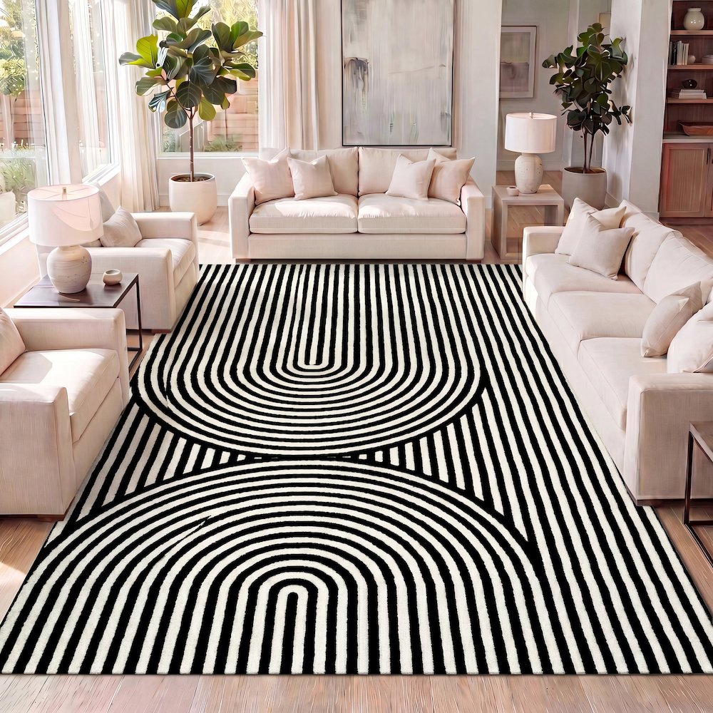 Sofia MidCentury Modern Arch Stripe Two-Tone High-Low Black/White Area Rug. Picture 6