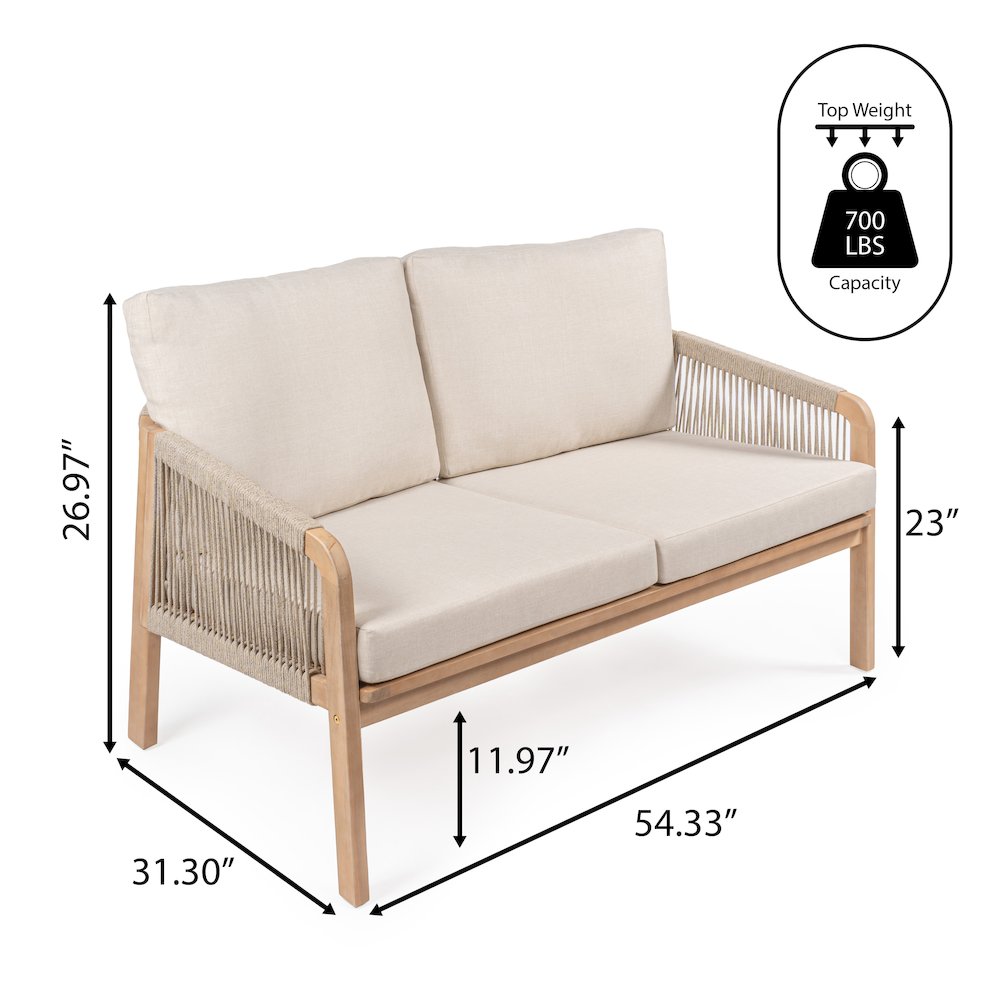 Arwen Modern Bohemian Roped Acacia Wood Outdoor Loveseat With Cushions. Picture 3