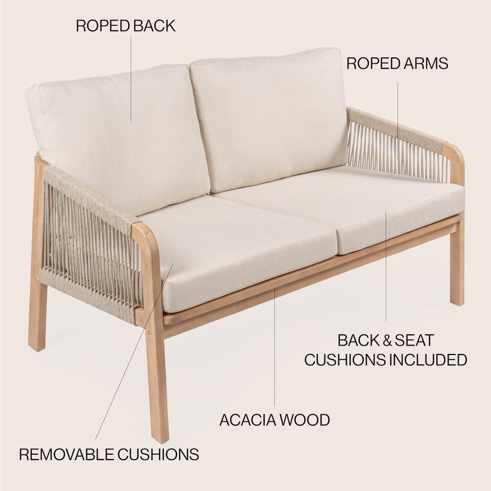 Arwen Modern Bohemian Roped Acacia Wood Outdoor Loveseat With Cushions. Picture 4