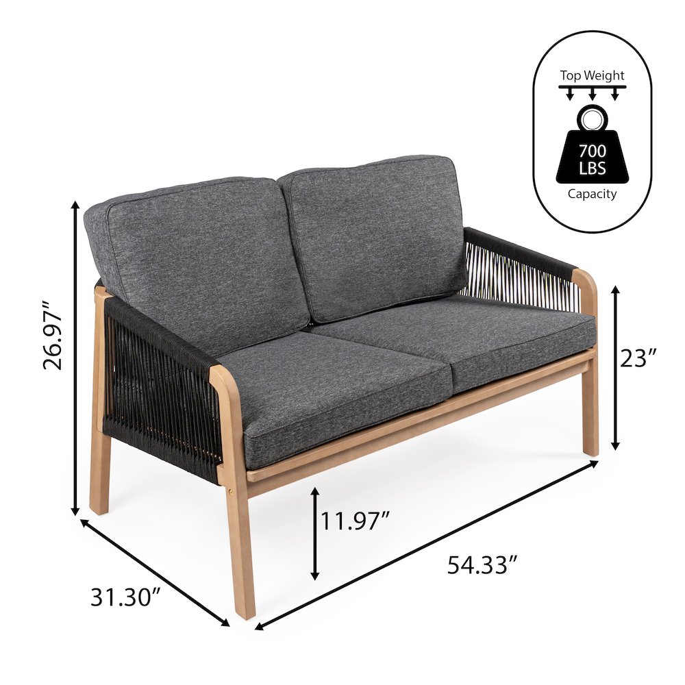 Arwen Modern Bohemian Roped Acacia Wood Outdoor Loveseat With Cushions. Picture 3