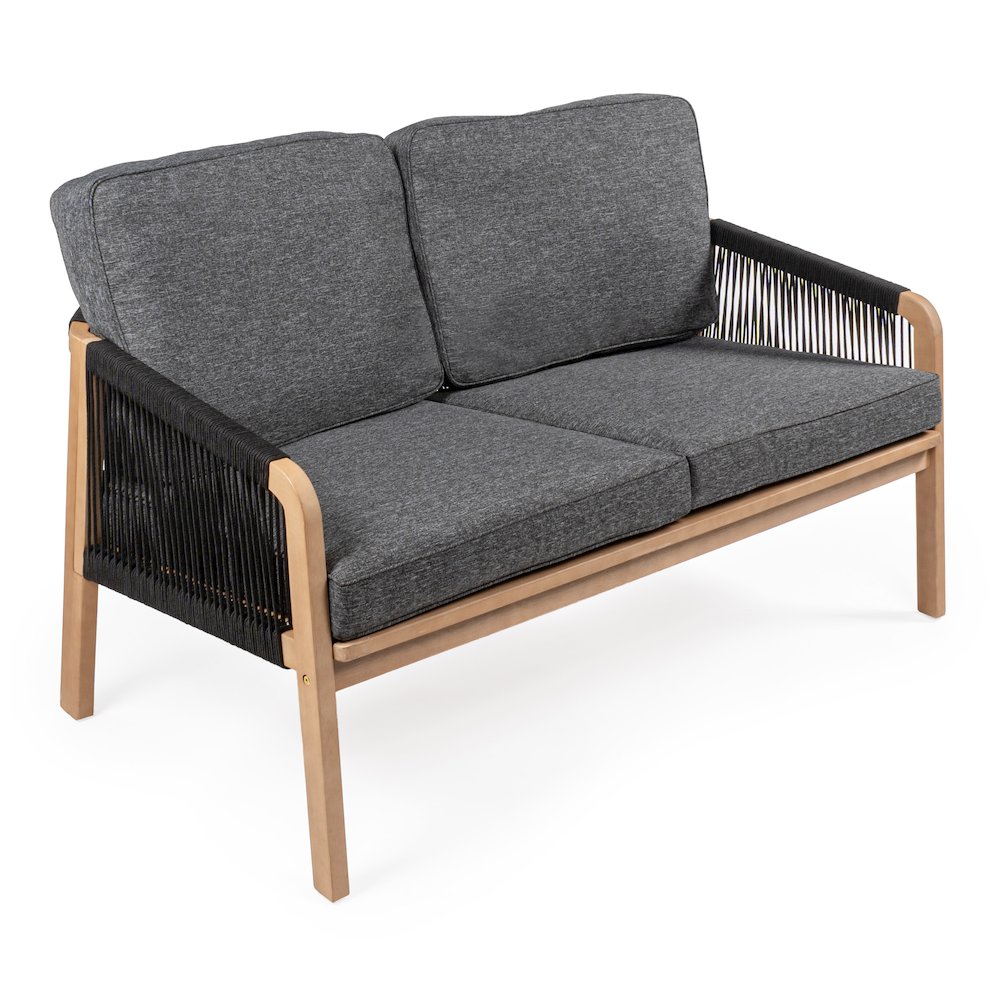 Arwen Modern Bohemian Roped Acacia Wood Outdoor Loveseat With Cushions. Picture 1