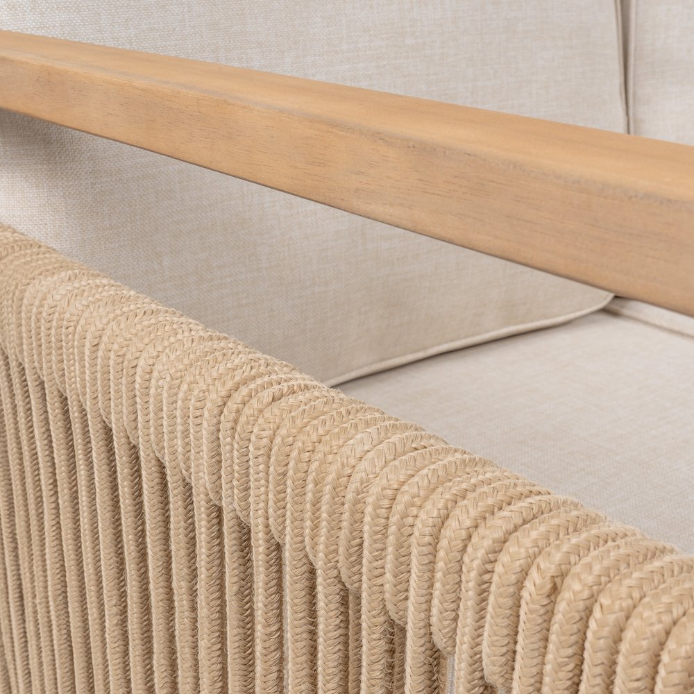 Gable 3-Seat Mid-Century Modern Roped Acacia Wood Outdoor Sofa With Cushions. Picture 2