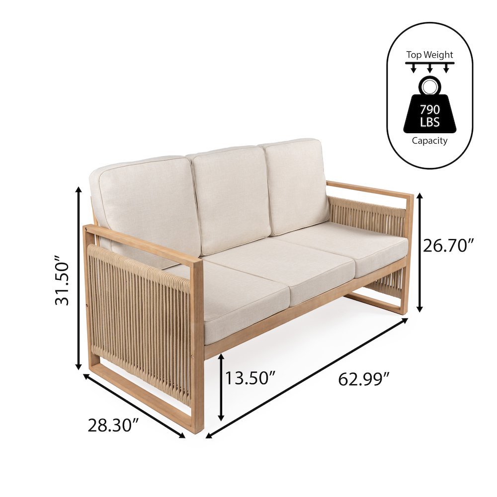 Gable 3-Seat Mid-Century Modern Roped Acacia Wood Outdoor Sofa With Cushions. Picture 4