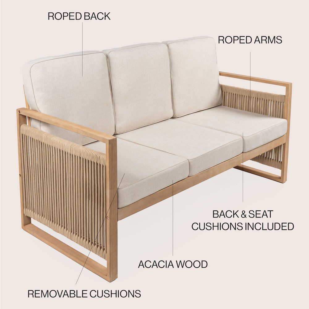 Gable 3-Seat Mid-Century Modern Roped Acacia Wood Outdoor Sofa With Cushions. Picture 5