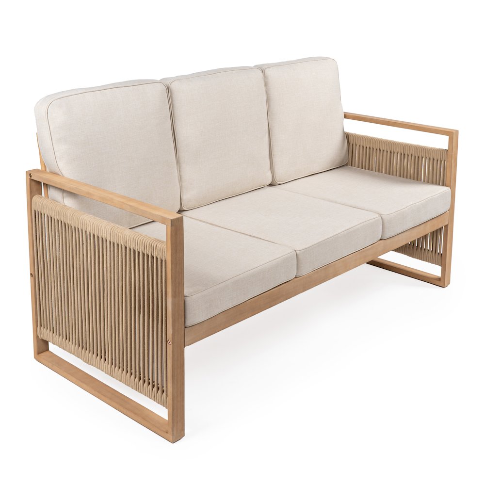 Gable 3-Seat Mid-Century Modern Roped Acacia Wood Outdoor Sofa With Cushions. Picture 1
