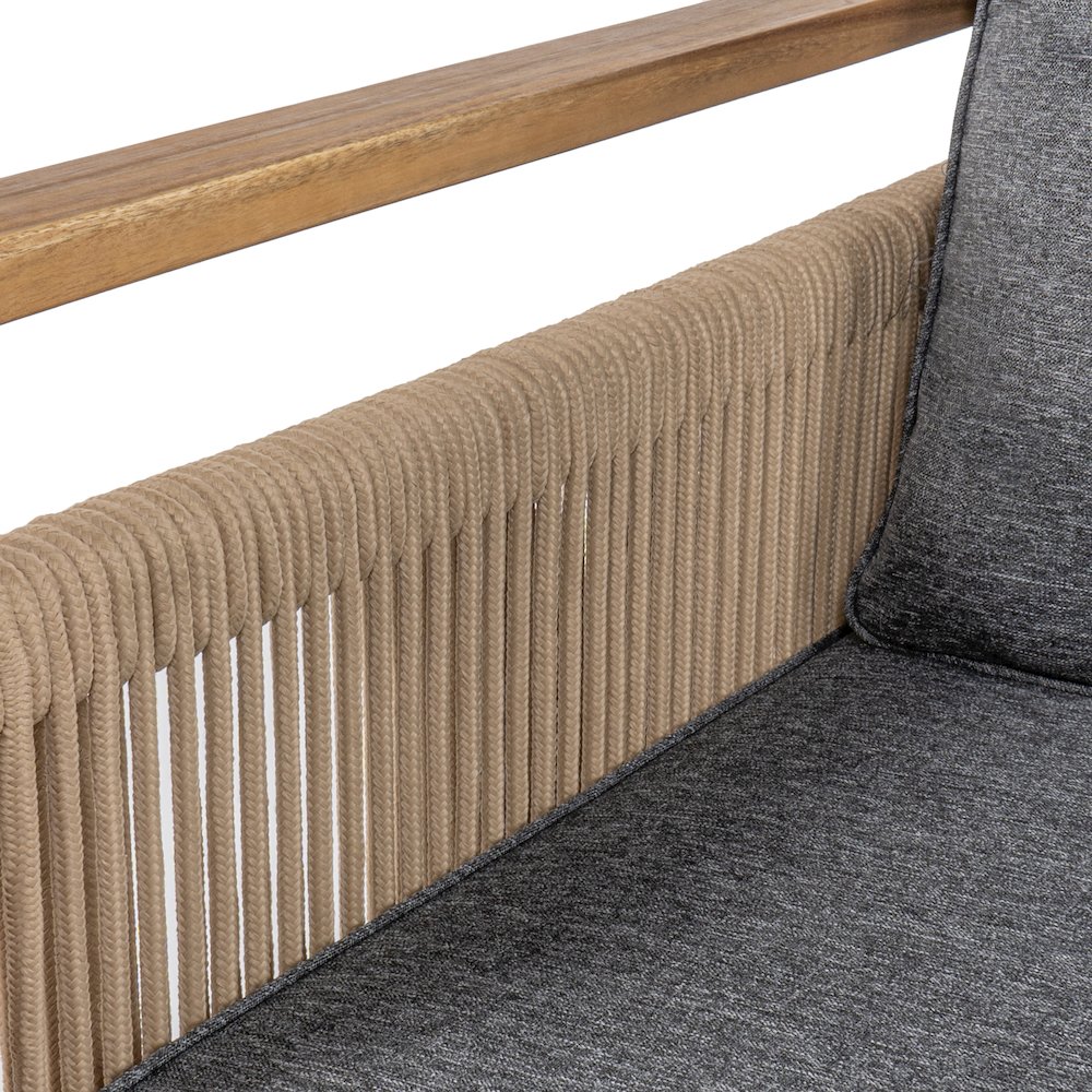 Gable 3-Seat Mid-Century Modern Roped Acacia Wood Outdoor Sofa With Cushions. Picture 2
