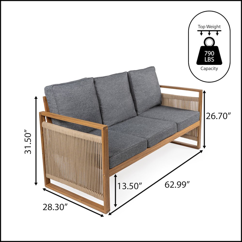 Gable 3-Seat Mid-Century Modern Roped Acacia Wood Outdoor Sofa With Cushions. Picture 4