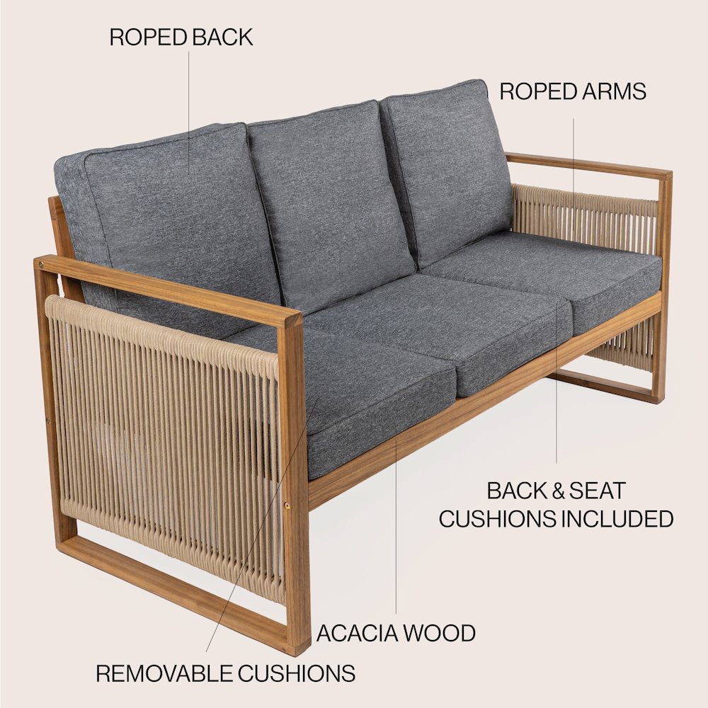 Gable 3-Seat Mid-Century Modern Roped Acacia Wood Outdoor Sofa With Cushions. Picture 5
