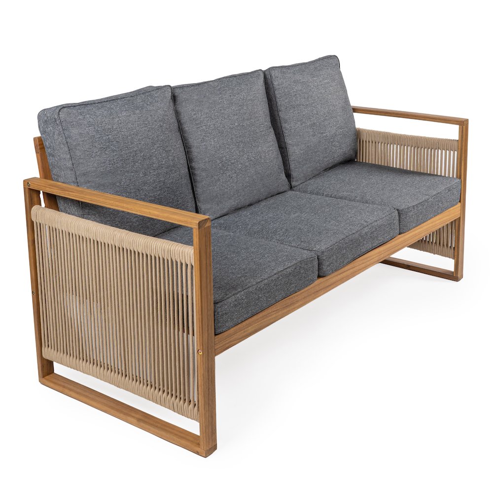 Gable 3-Seat Mid-Century Modern Roped Acacia Wood Outdoor Sofa With Cushions. Picture 1
