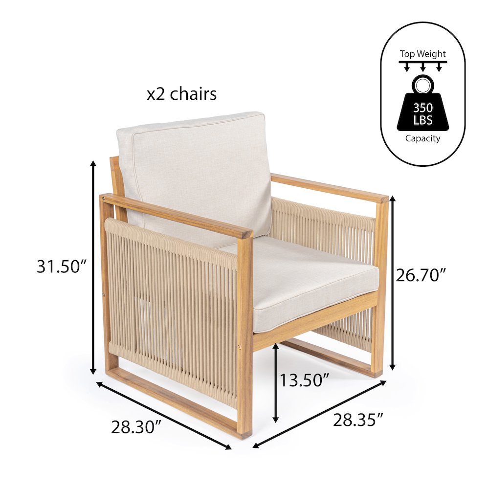 Gable Mid-Century Modern Roped Acacia Wood Outdoor Patio Chair With Cushions. Picture 4