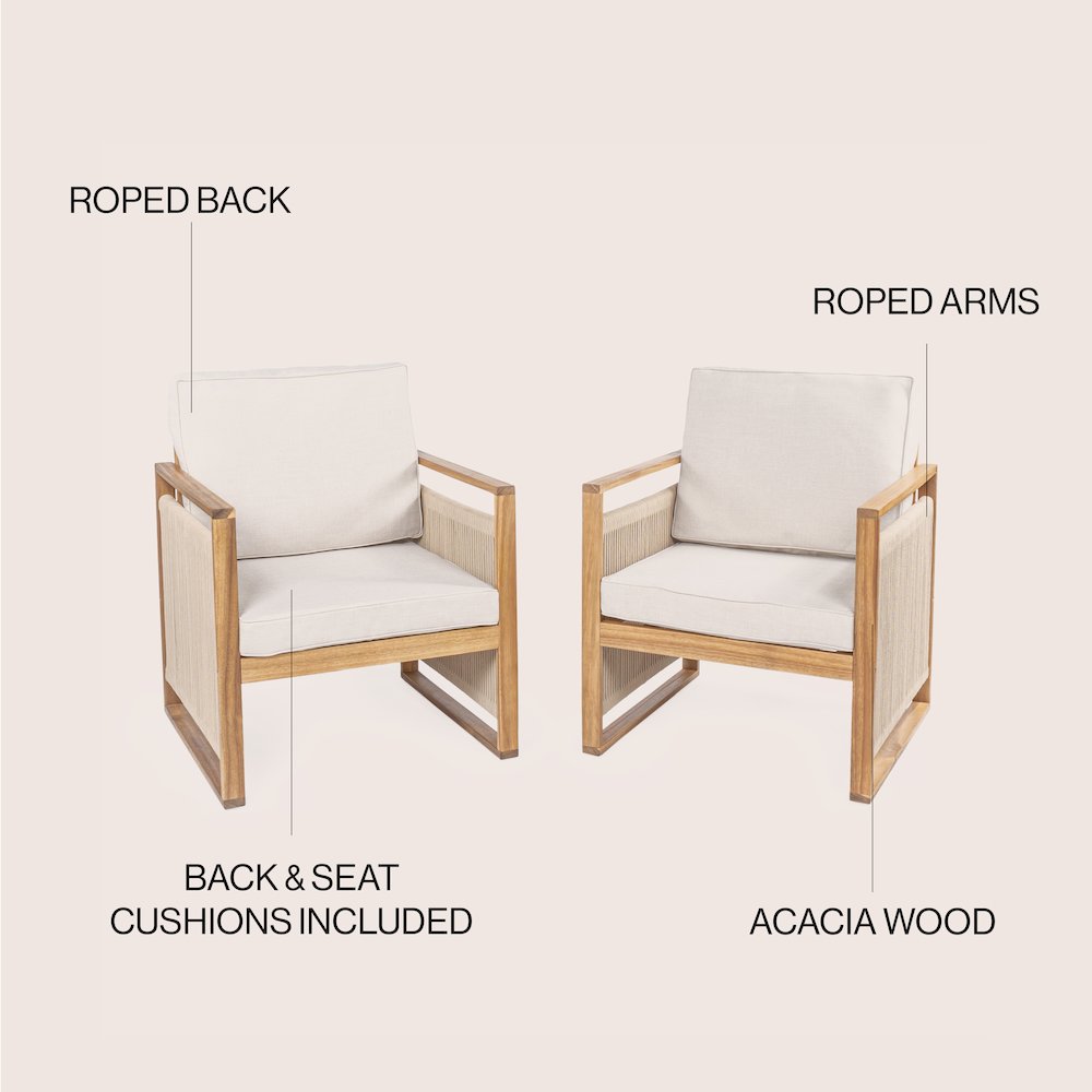 Gable Mid-Century Modern Roped Acacia Wood Outdoor Patio Chair With Cushions. Picture 5