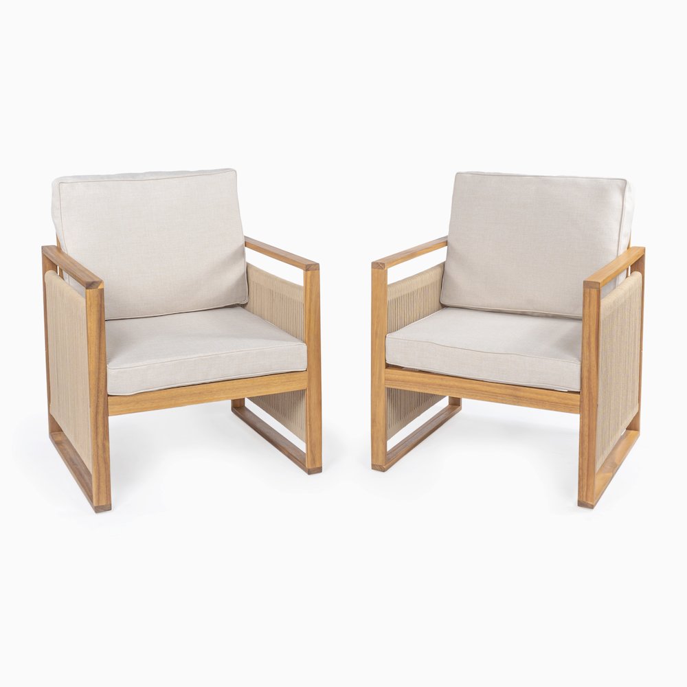 Gable Mid-Century Modern Roped Acacia Wood Outdoor Patio Chair With Cushions. Picture 1