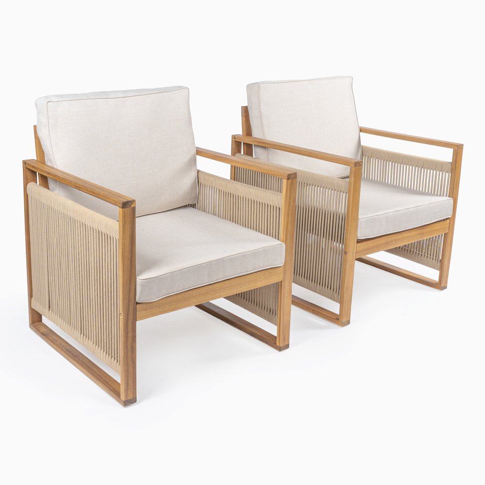 Gable Mid-Century Modern Roped Acacia Wood Outdoor Patio Chair With Cushions. Picture 3