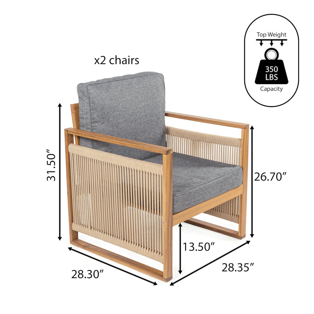 Gable Teak Brown Acacia Wood Indoor/Outdoor Patio Armchair Set of 2 with Gray. Picture 4