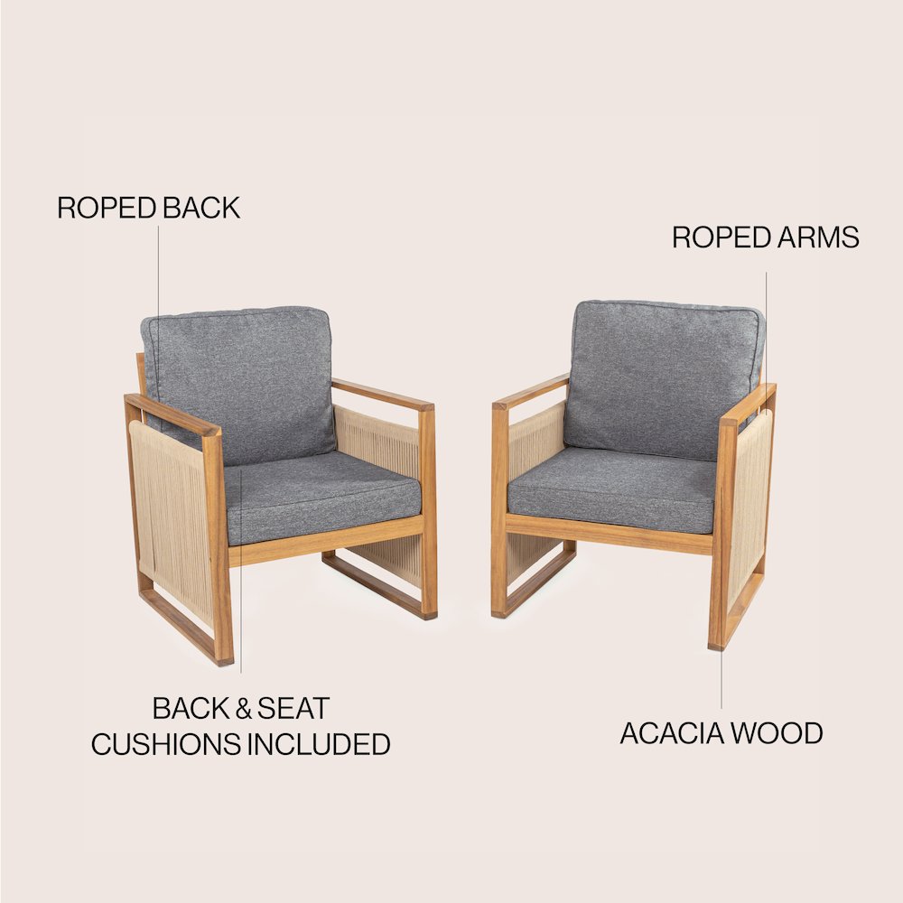 Gable Teak Brown Acacia Wood Indoor/Outdoor Patio Armchair Set of 2 with Gray. Picture 5
