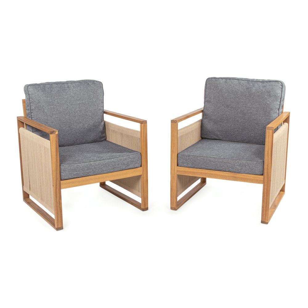 Gable Teak Brown Acacia Wood Indoor/Outdoor Patio Armchair Set of 2 with Gray. Picture 1