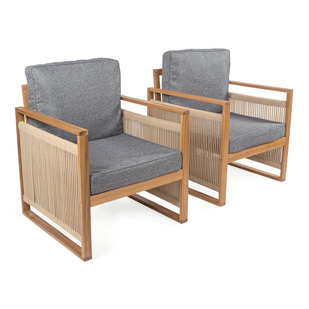 Gable Teak Brown Acacia Wood Indoor/Outdoor Patio Armchair Set of 2 with Gray. Picture 3