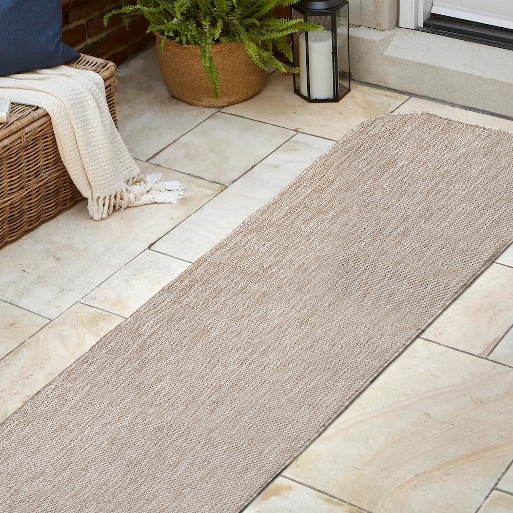 Radius Corner Solid Beige 2 ft. x 8 ft. Indoor/Outdoor Shaped Runner Rug. Picture 4