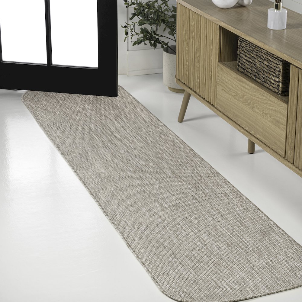 Radius Corner Solid Beige 2 ft. x 8 ft. Indoor/Outdoor Shaped Runner Rug. Picture 2