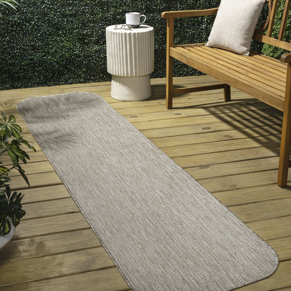 Radius Corner Solid Beige 2 ft. x 8 ft. Indoor/Outdoor Shaped Runner Rug. Picture 3