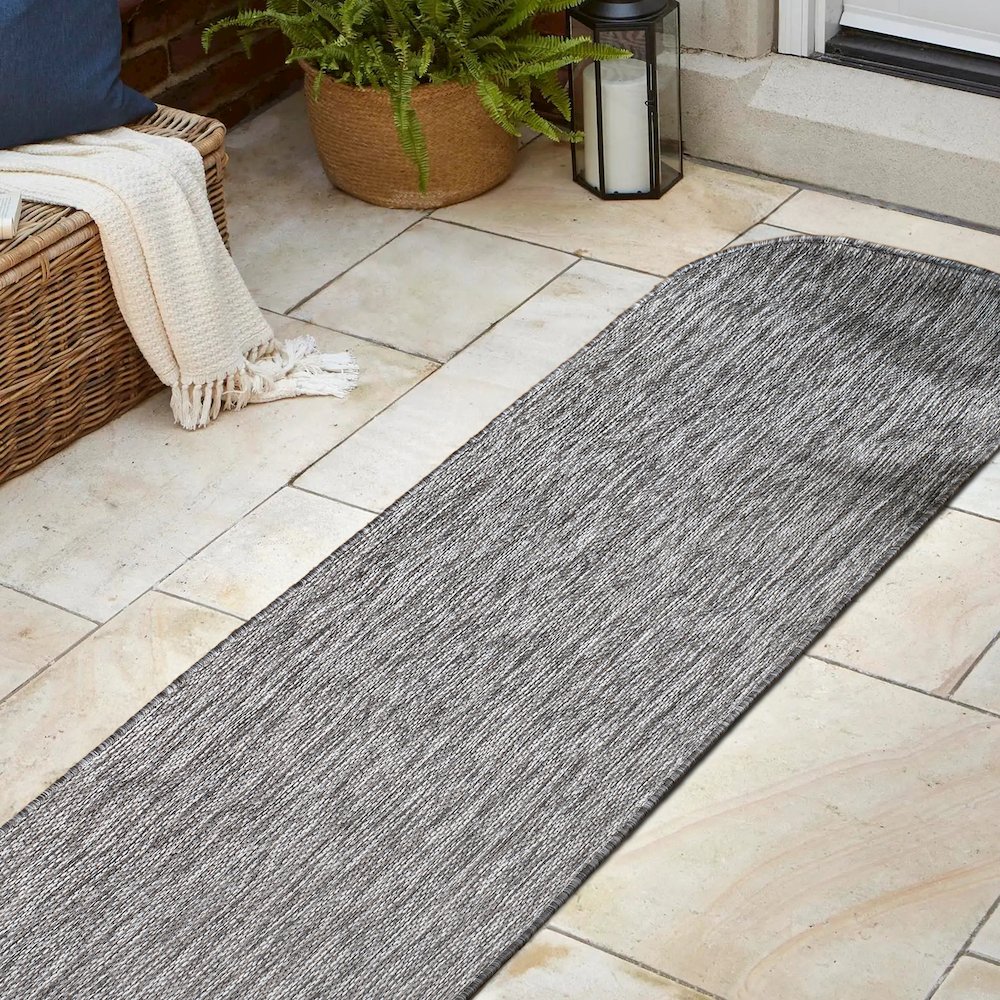 Radius Corner Solid Gray 2 ft. x 8 ft. Indoor/Outdoor Shaped Runner Rug. Picture 4