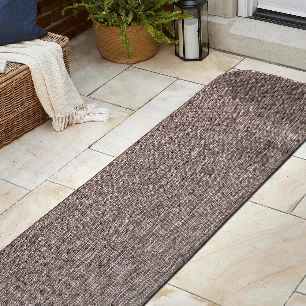 Radius Corner Solid Light Brown 2 ft. x 8 ft. Indoor/Outdoor Shaped Runner Rug. Picture 4