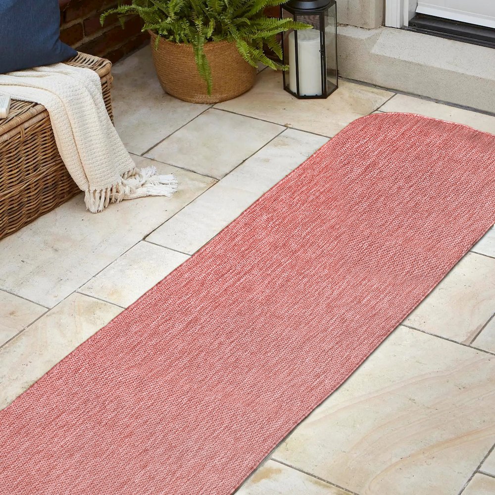 Radius Corner Solid Light Rose 2 ft. x 8 ft. Indoor/Outdoor Shaped Runner Rug. Picture 4