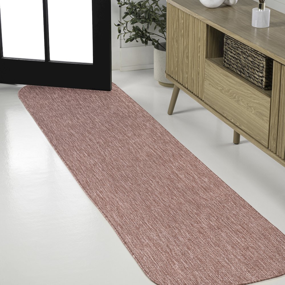 Radius Corner Solid Light Rose 2 ft. x 8 ft. Indoor/Outdoor Shaped Runner Rug. Picture 2