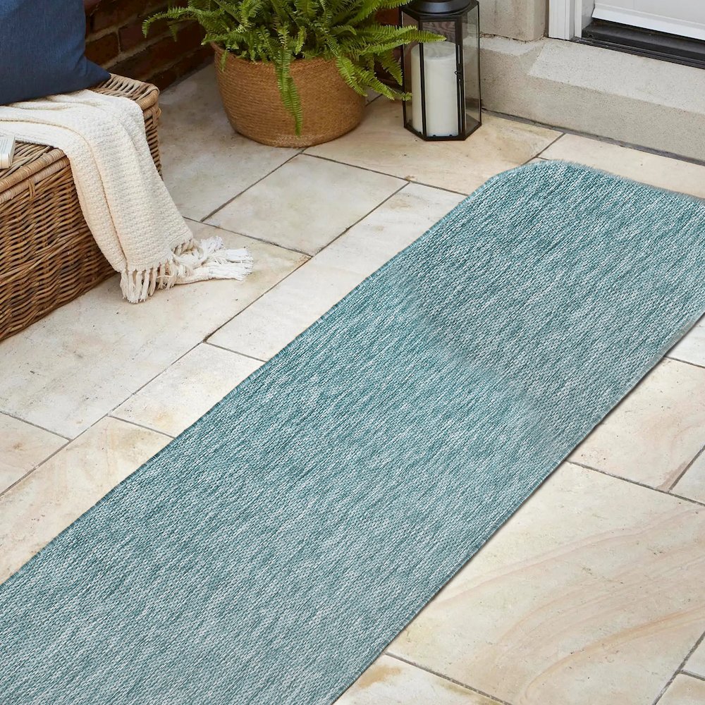 Radius Corner Solid Turquoise 2 ft. x 8 ft. Indoor/Outdoor Shaped Runner Rug. Picture 4