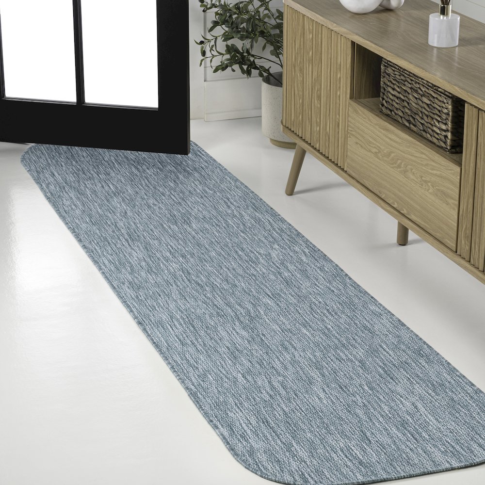 Radius Corner Solid Turquoise 2 ft. x 8 ft. Indoor/Outdoor Shaped Runner Rug. Picture 2