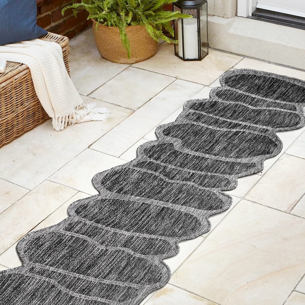 Dark Gray/Gray 2 ft. x 8 ft. Indoor/Outdoor Shaped Runner Rug. Picture 4