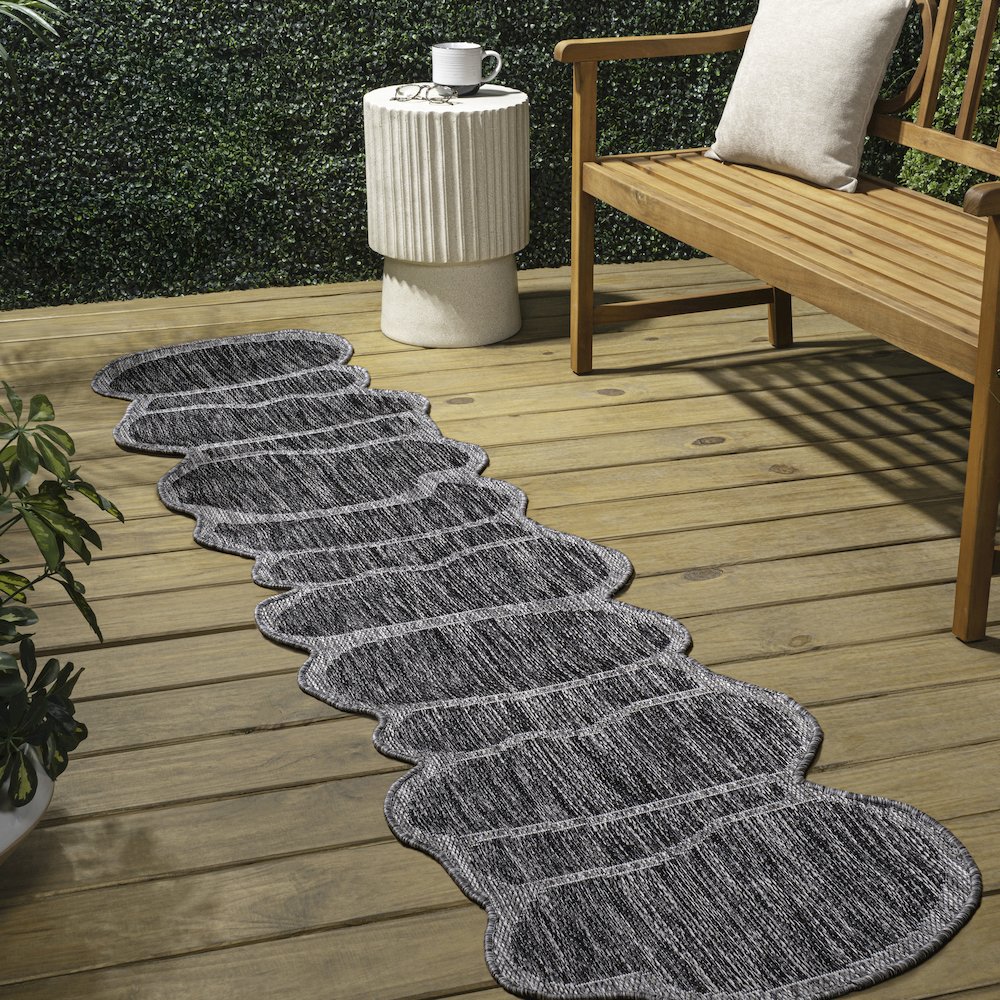 Dark Gray/Gray 2 ft. x 8 ft. Indoor/Outdoor Shaped Runner Rug. Picture 3
