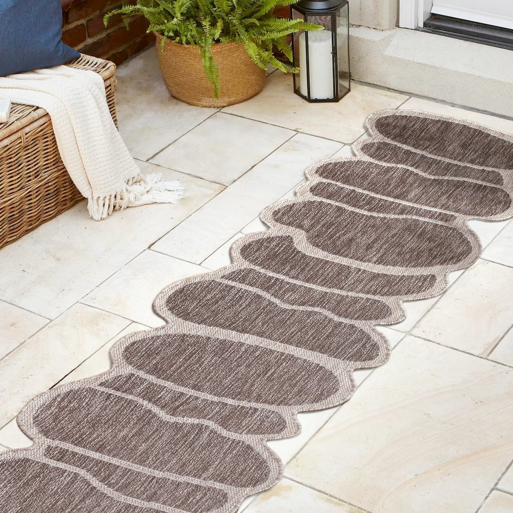 Light Brown/Beige 2 ft. x 8 ft. Indoor/Outdoor Shaped Runner Rug. Picture 4