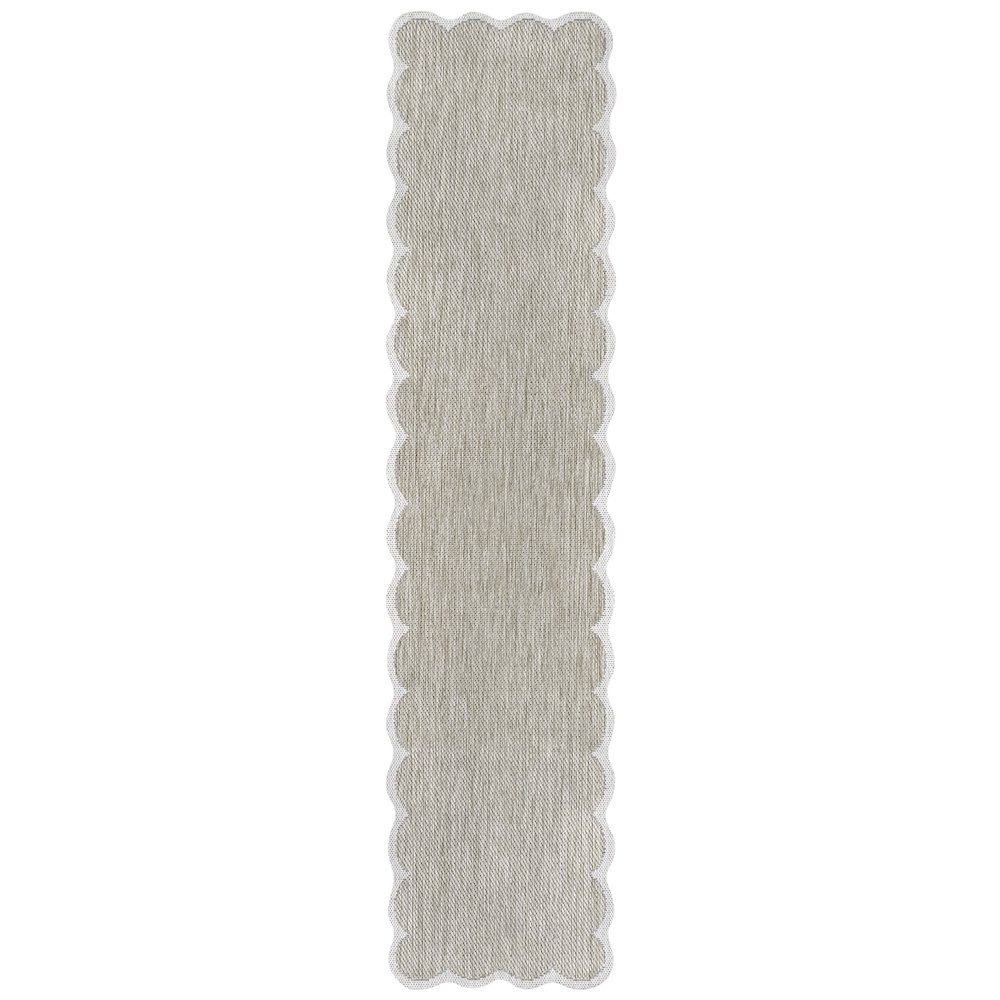 Two-Tone Scalloped Beige/Cream 2 ft. x 8 ft. Indoor/Outdoor Shaped Runner Rug. Picture 1