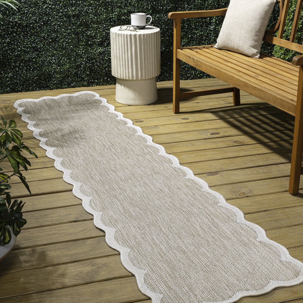 Two-Tone Scalloped Beige/Cream 2 ft. x 8 ft. Indoor/Outdoor Shaped Runner Rug. Picture 3