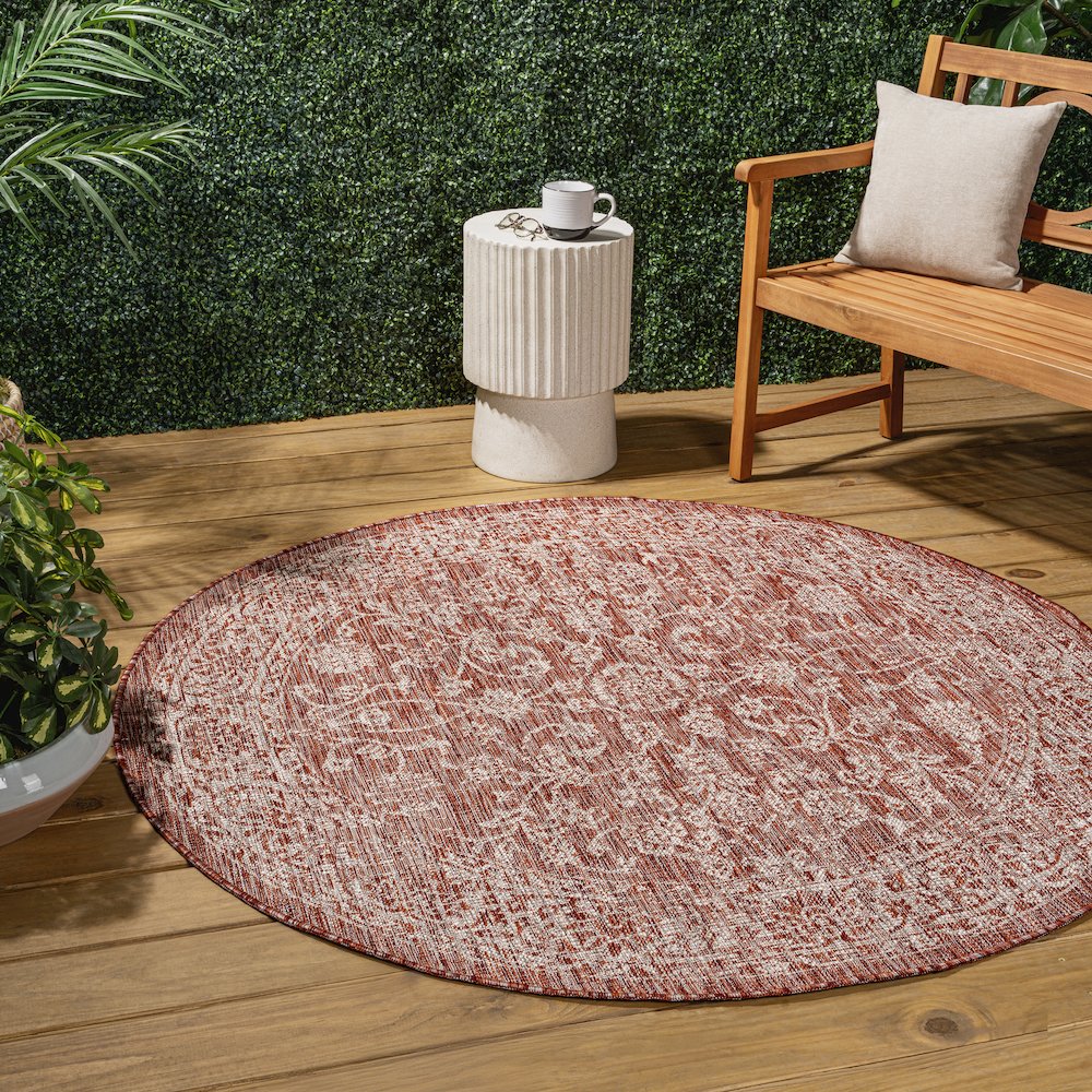 Tela Bohemian TetuWeave Floral Red/Taupe   Indoor/Outdoor  Rug. Picture 1