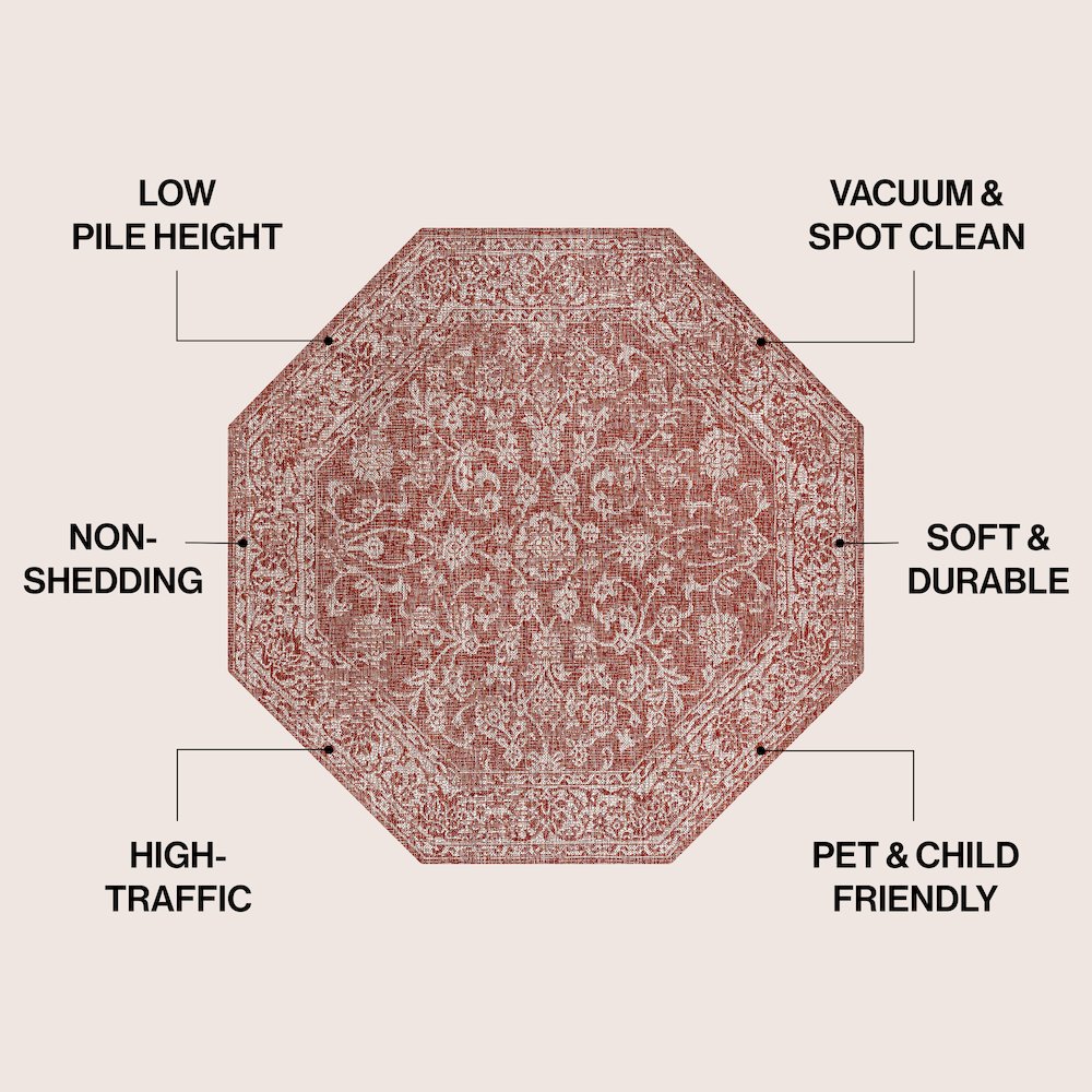 Tela Bohemian Textured Weave Floral Red/Taupe 5' Octagon Indoor/Outdoor Area Rug. Picture 4