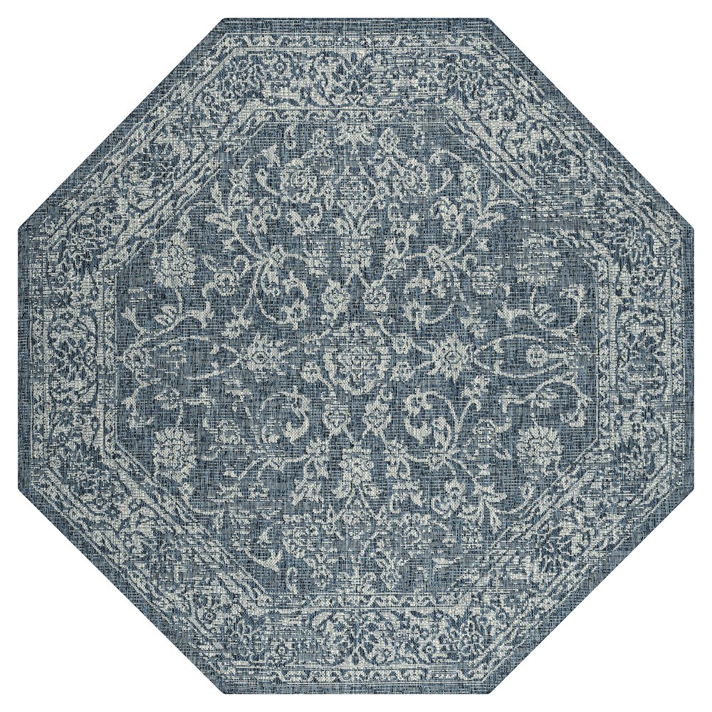 Tela Bohemian Textured Weave Floral Teal/Gray 5' Octagon Indoor/Outdoor Area Rug. Picture 1