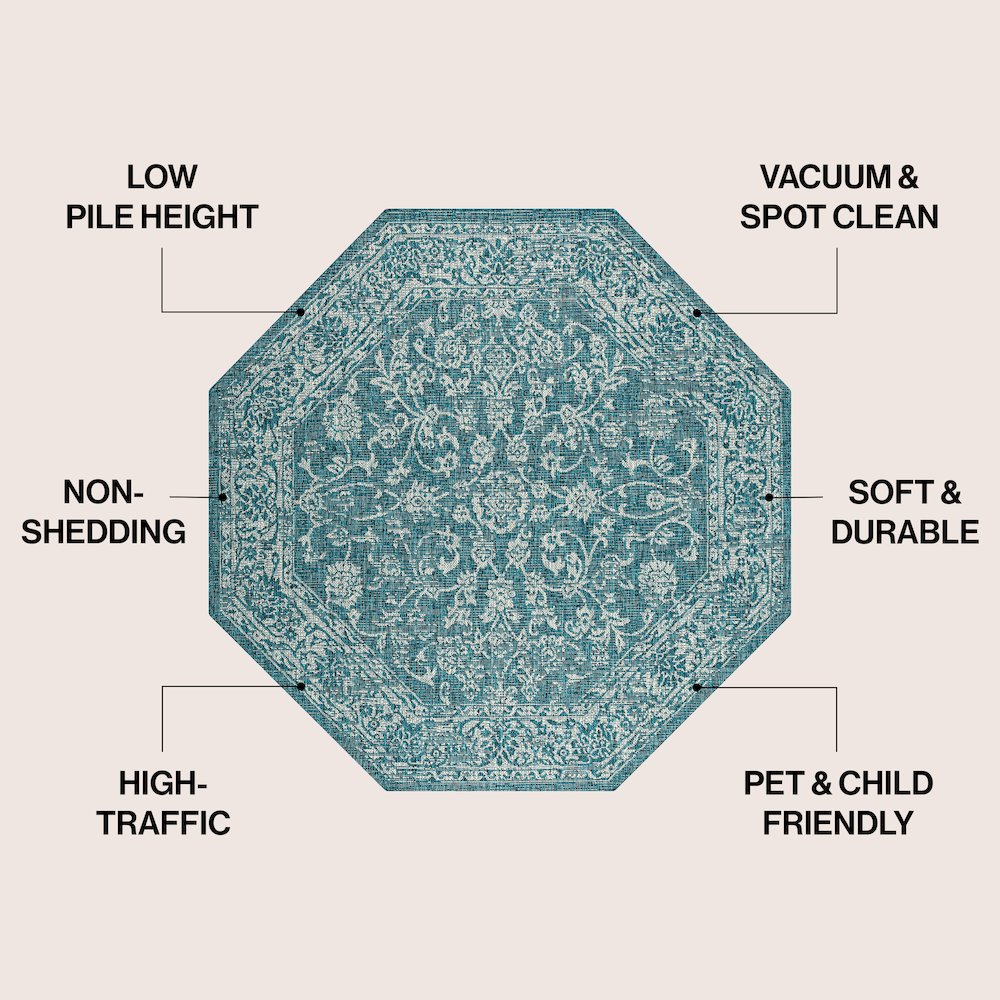 Tela Bohemian Textured Weave Floral Teal/Gray 5' Octagon Indoor/Outdoor Area Rug. Picture 4