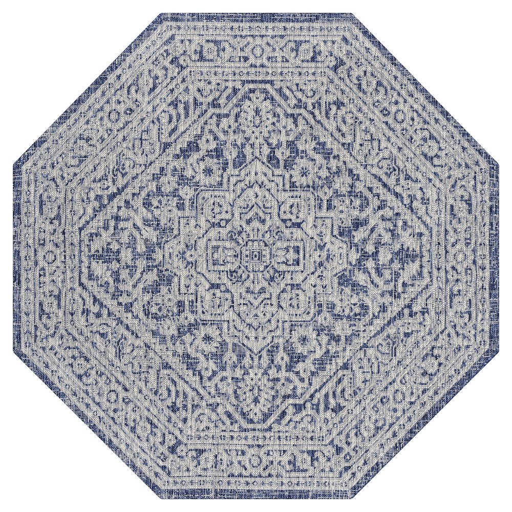 Sinjuri Medallion Textured Weave Navy/Gray 5' Octagon Indoor/Outdoor Area Rug. Picture 1