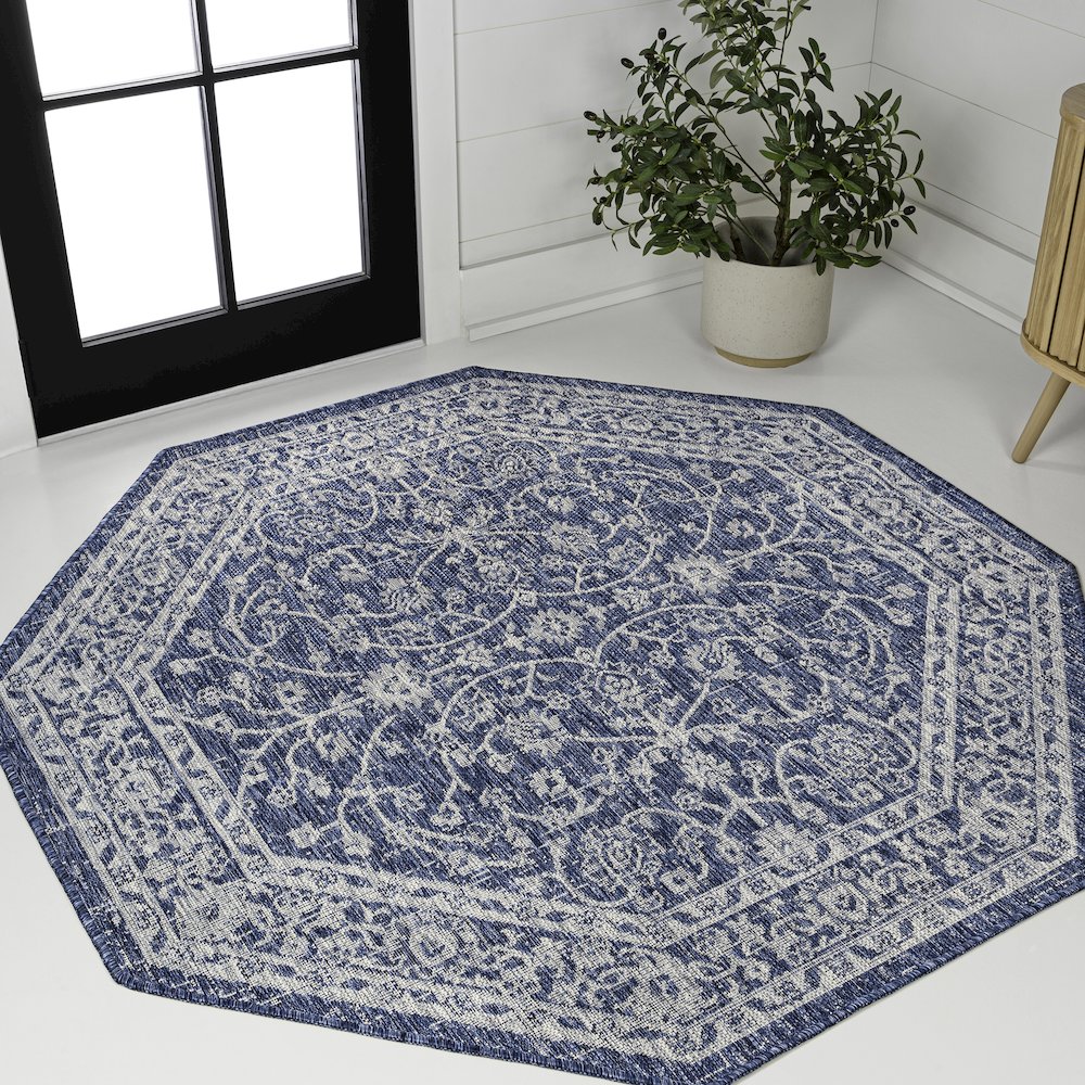 Palazzo Vine and Border Textured Weave Navy/Gray Octagon Indoor/Outdoor Area Rug. Picture 2