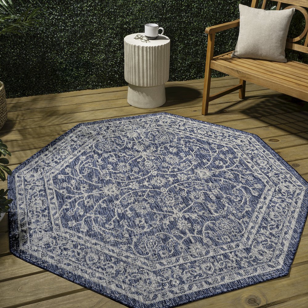 Palazzo Vine and Border Textured Weave Navy/Gray Octagon Indoor/Outdoor Area Rug. Picture 3