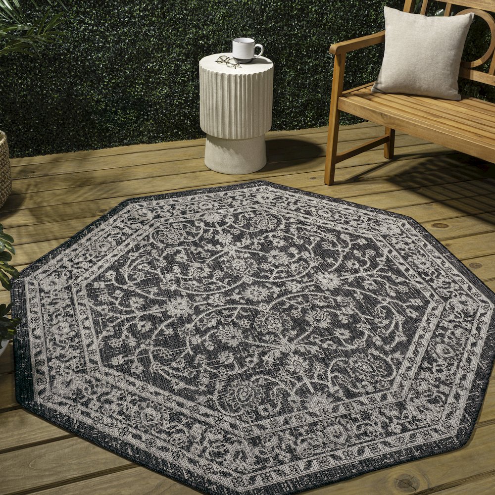 Palazzo Vine and Border Textured Weave Navy/Gray Octagon Indoor/Outdoor Area Rug. Picture 3