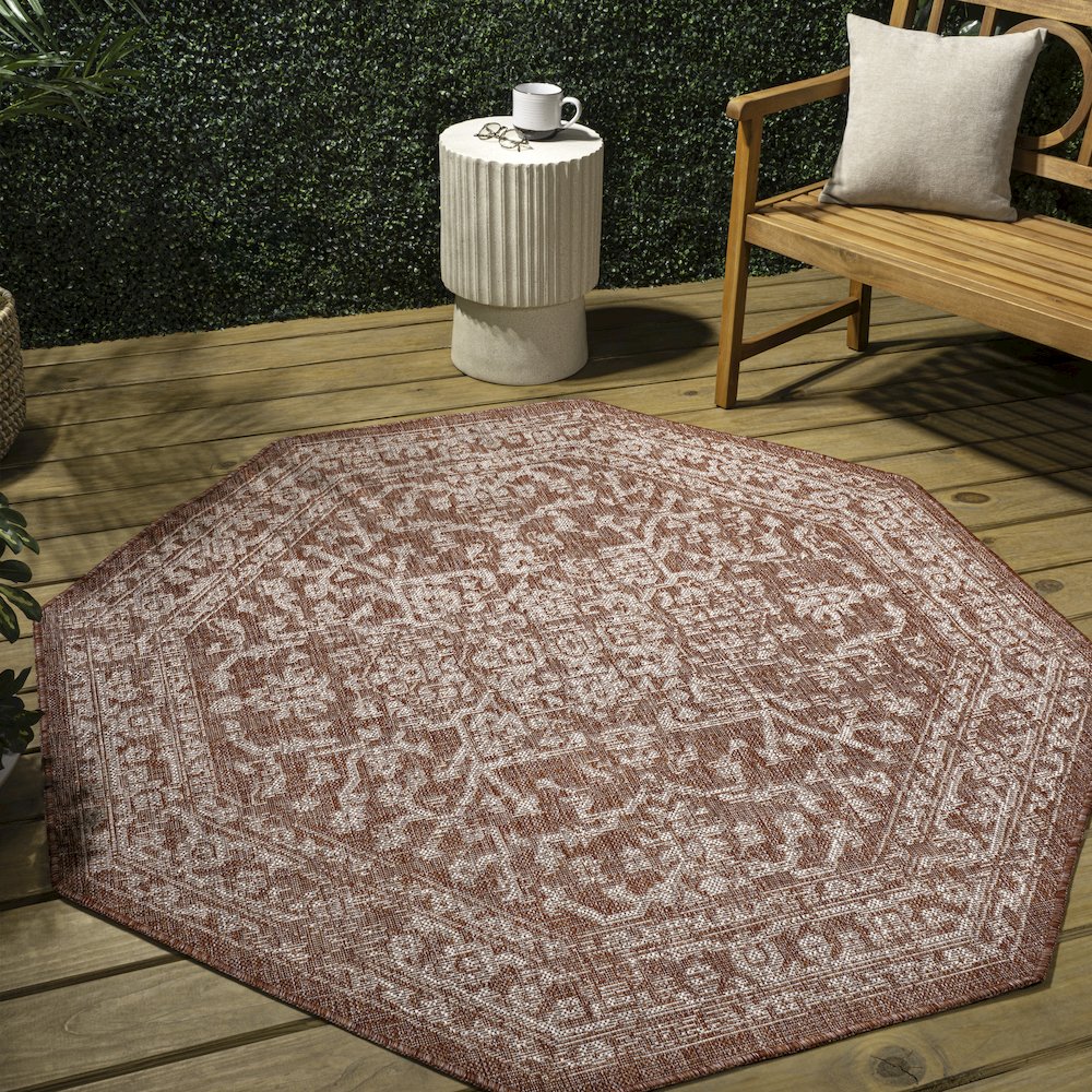 Malta Bohemian Medallion Textured Weave Red/Taupe Indoor/Outdoor Area Rug. Picture 3