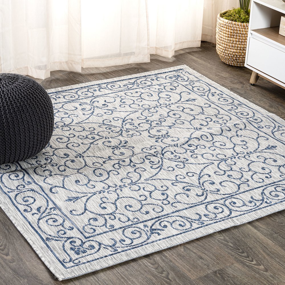 Charleston Vintage Filigree Textured Weave Indoor/Outdoor Square Rug. Picture 2