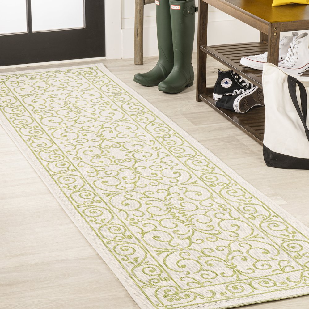 Charleston Vintage Filigree Textured Weave Indoor/Outdoor Runner Rug. Picture 2