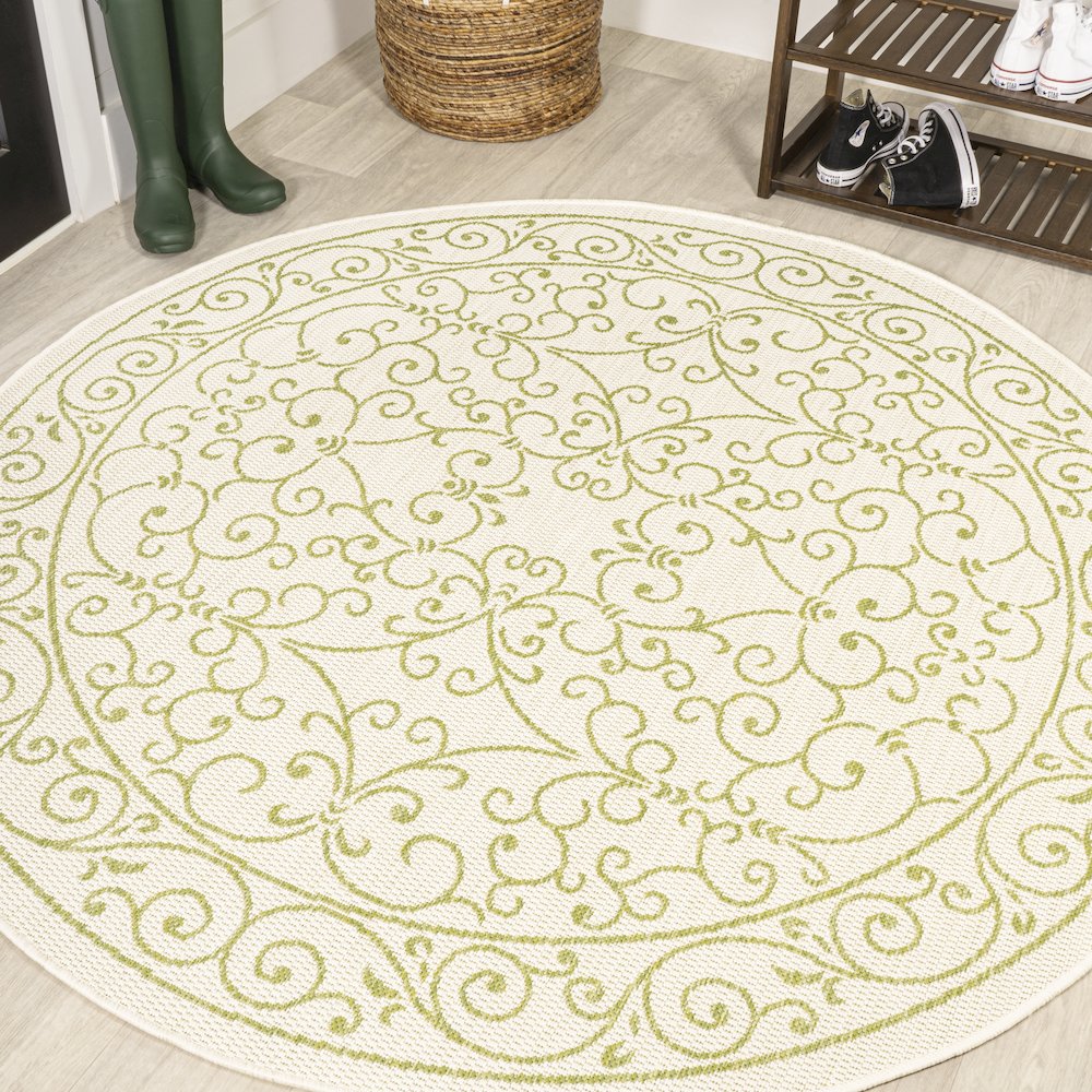 Charleston Vintage Filigree Textured Weave Indoor/Outdoor Round Rug. Picture 2